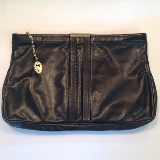 Vintage 1990's Black Vinyl Clutch Purse Goldtone Clasp ML Tag