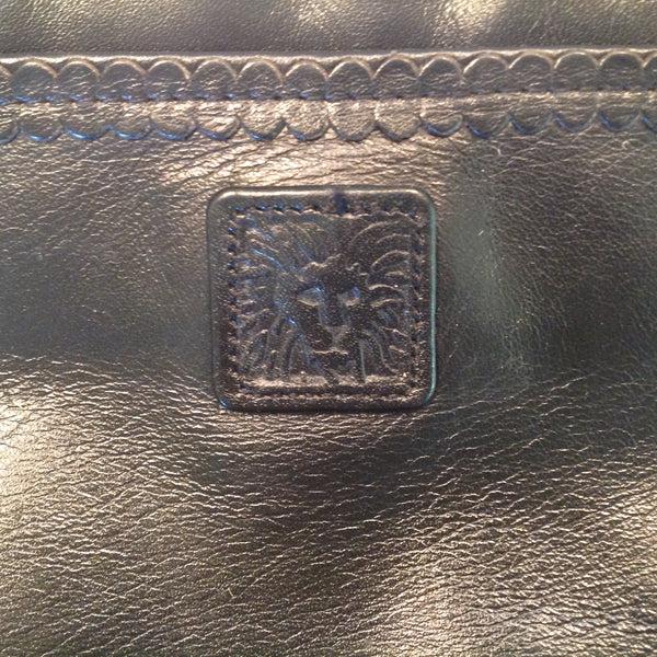 Vintage Anne Klein Black Patent Leather Clutch Purse Lion Insignia with Shoulder Strap