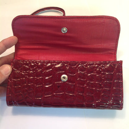 Vintage Red Vinyl Faux Alligator Handbag with Hand Straps Snap Clasp