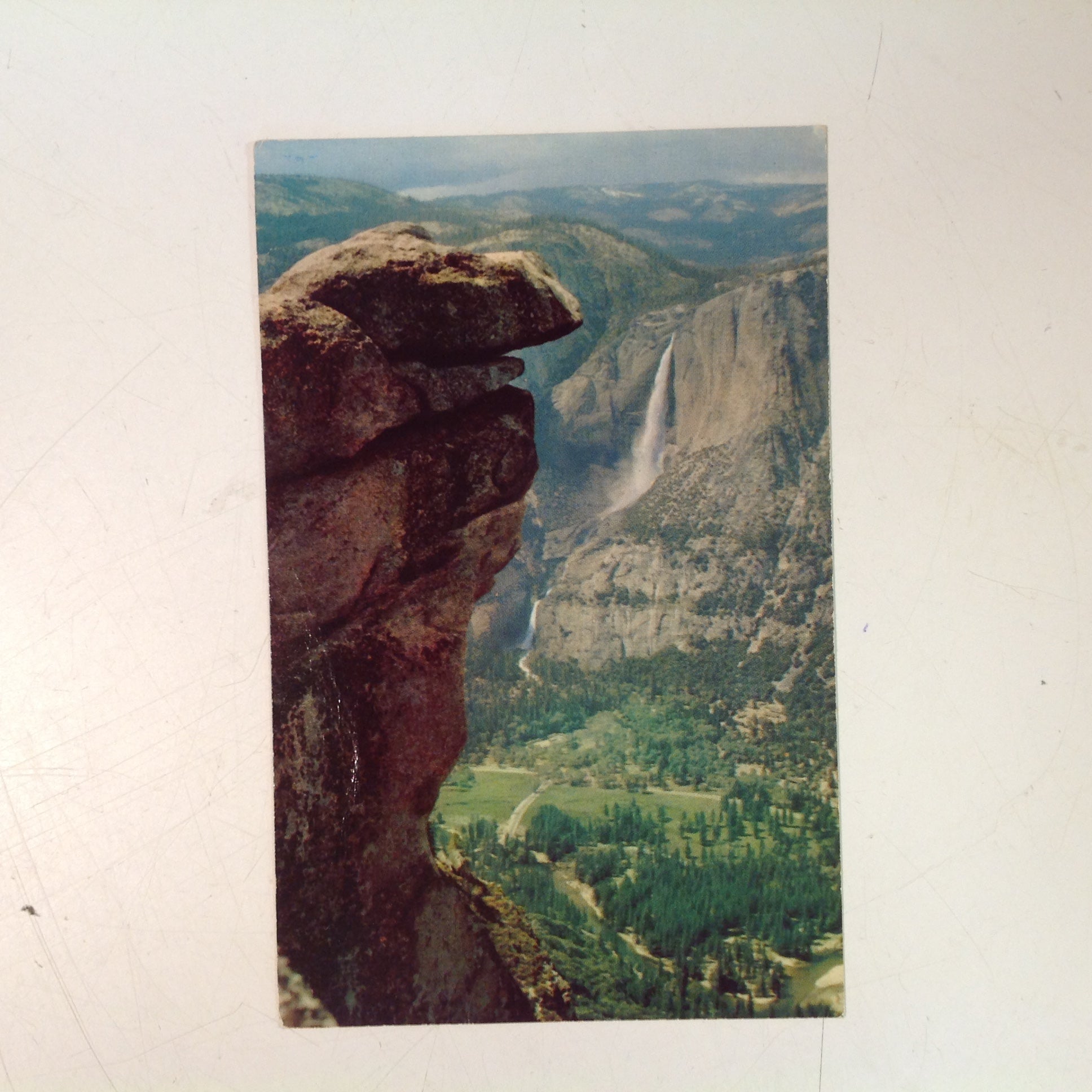 Vintage Mirro-Krome Color Postcard Overhanding Rock Glacier Point Yosemite National Park California
