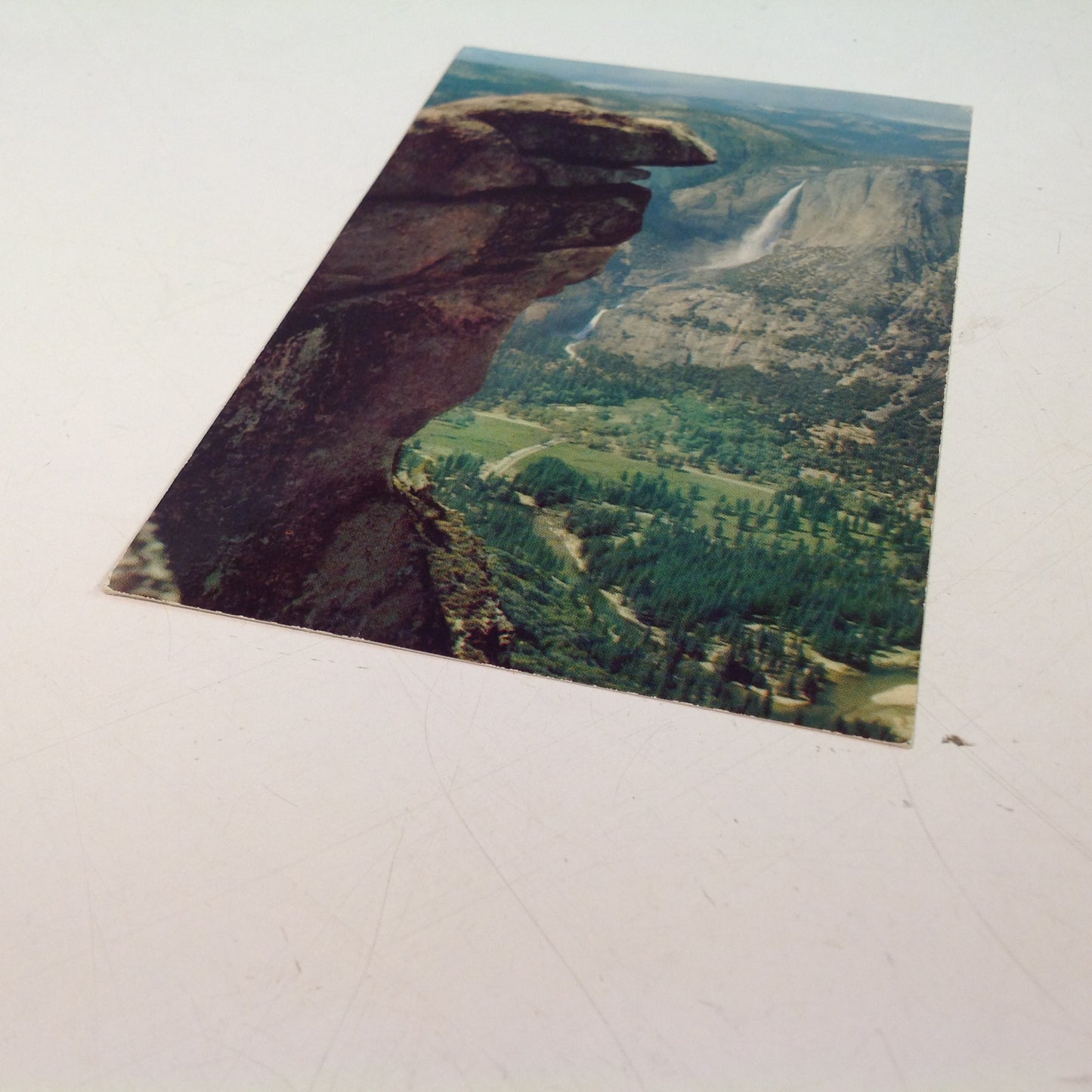 Vintage Mirro-Krome Color Postcard Overhanding Rock Glacier Point Yosemite National Park California
