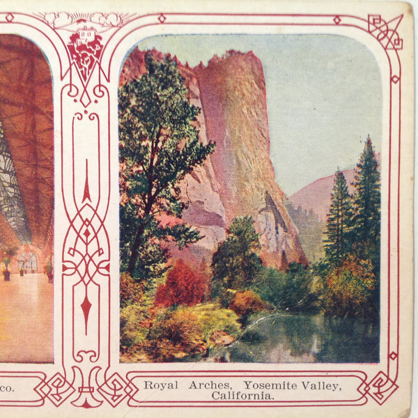 Vintage 1909 J I Austen Company Color Postcard with Borders Ferry Depot San Francisco Royal Arches Yosemite Valley California