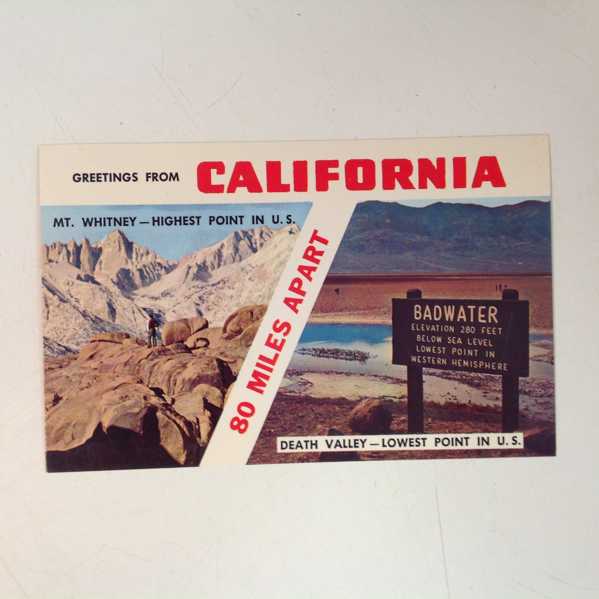 Vintage Colourpicture Plastichrome Color Souvenir Postcard Mt Whitney Highest Point in US Death Valley Lowest Point in US Greetings from California