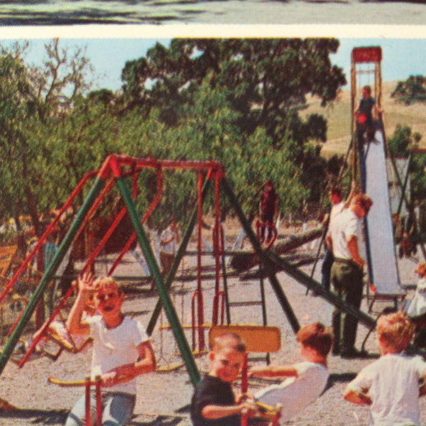 Vintage International Graphics Color Postcard Casa de Fruta Fruit Stand Swingset Playground Santa Clara Valley Fresno Gilroy California