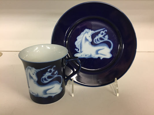 Vintage Unicorn Coffee Cup Mug Saucer Cobalt Blue White Takahashi Mystical