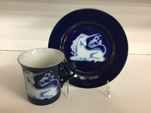 Vintage Unicorn Coffee Cup Mug Saucer Cobalt Blue White Takahashi Mystical