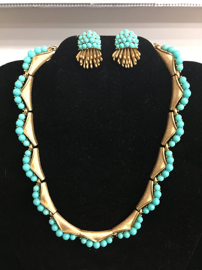 Vintage Trifari Goldtone Faux Turquoise Necklace & Clip Earring Set