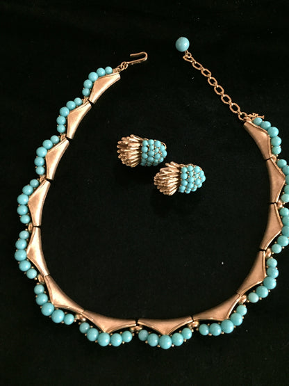 Vintage Trifari Goldtone Faux Turquoise Necklace & Clip Earring Set