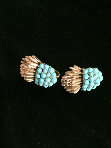 Vintage Trifari Goldtone Faux Turquoise Necklace & Clip Earring Set