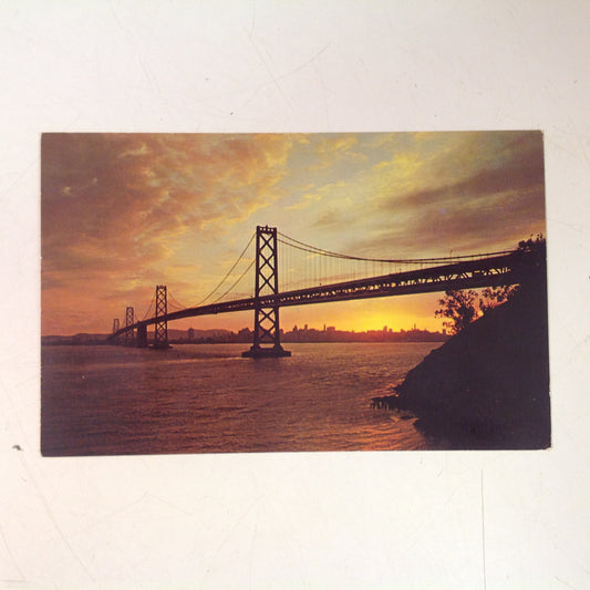 Vintage Dexter Press Souvenir Color Postcard Russ Halford San Francisco Oakland Bay Bridge at Sunset  California