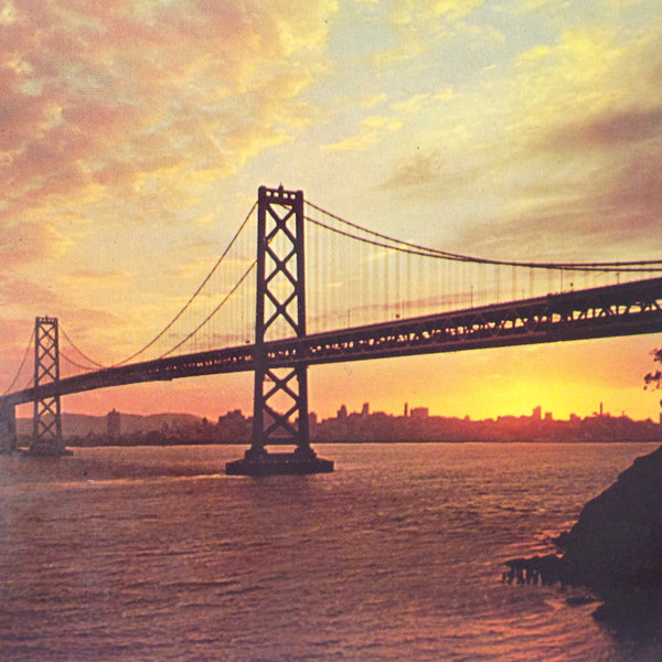 Vintage Dexter Press Souvenir Color Postcard Russ Halford San Francisco Oakland Bay Bridge at Sunset  California