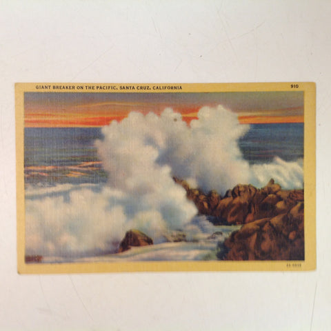 Vintage Souvenir Pictorial Wonderland Art-Tone Color Postcard Giant Breaker on the Pacific Cliff Drive Santa Cruz California