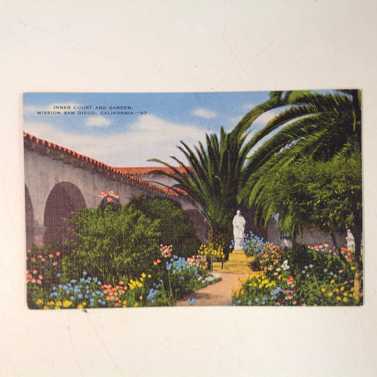 Vintage Hopkins News Agency Color Postcard Inner Court and Garden Mission San Diego California