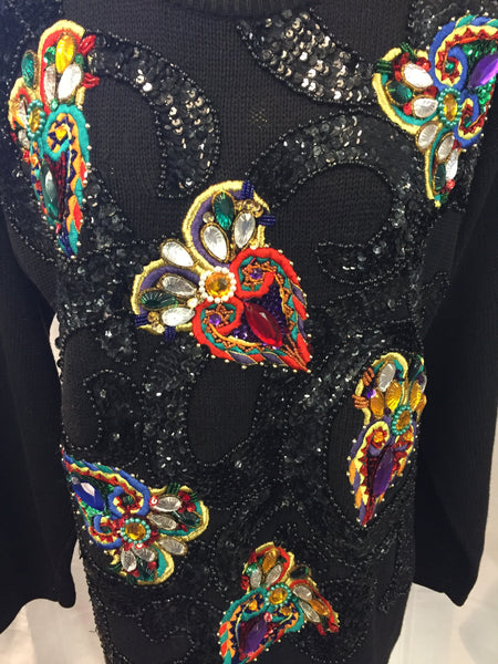 Vintage 1980's Bold & Colorful Sweater with Large Rhinestones by Western Connections