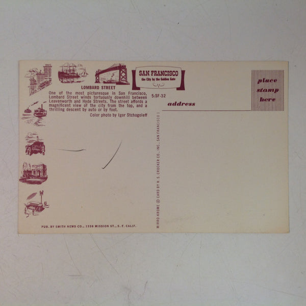 Vintage Mid Century H S Crocker Souvenir Color Postcard Lombard Street Crookedest Street Overhead View San Francisco California