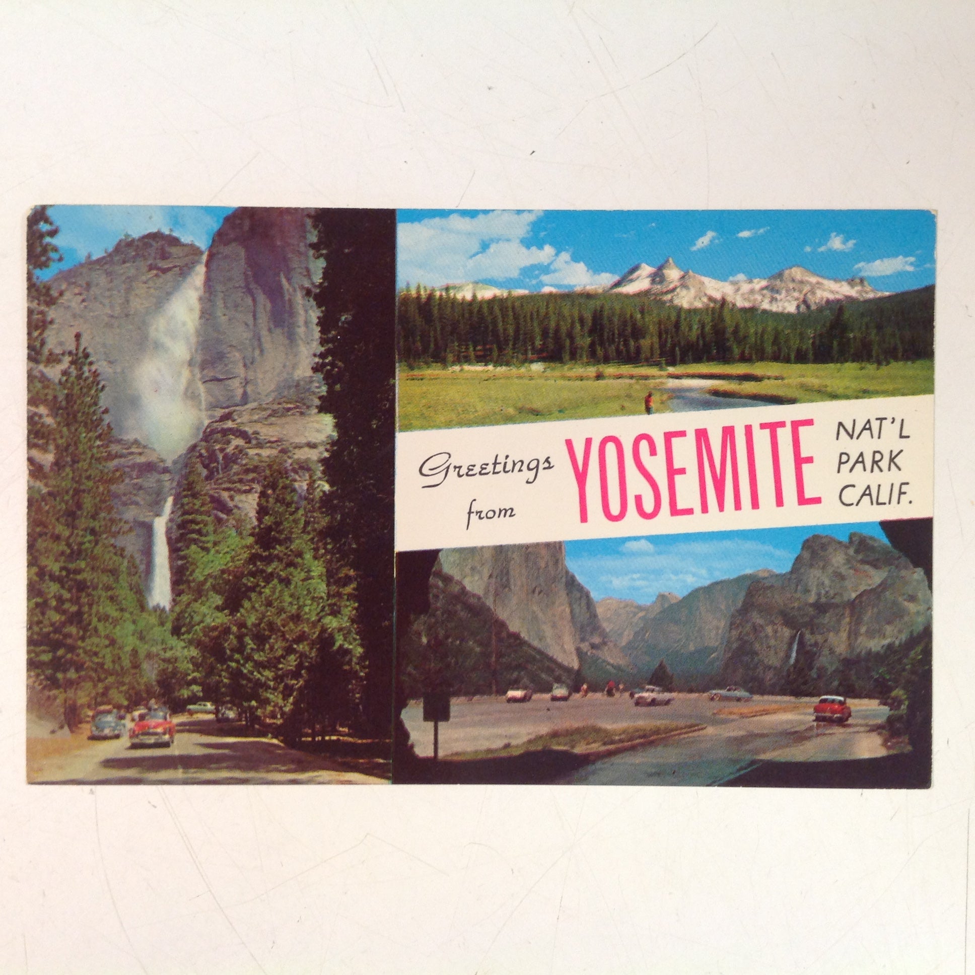 Vintage Western Publishing and Novelty Curteichcolor Souvenir Color Postcard GREETINGS FROM YOSEMITE NATIONAL PARK CALIFORNIA Montage