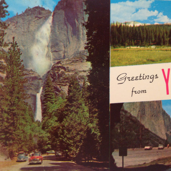 Vintage Western Publishing and Novelty Curteichcolor Souvenir Color Postcard GREETINGS FROM YOSEMITE NATIONAL PARK CALIFORNIA Montage