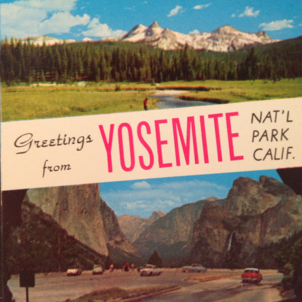 Vintage Western Publishing and Novelty Curteichcolor Souvenir Color Postcard GREETINGS FROM YOSEMITE NATIONAL PARK CALIFORNIA Montage