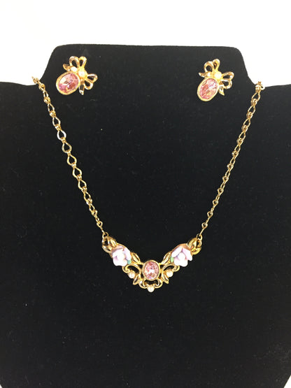 Vintage Designer 1928 Goldtone Ceramic Floral Pink Rhinestone Necklace & Earring Set