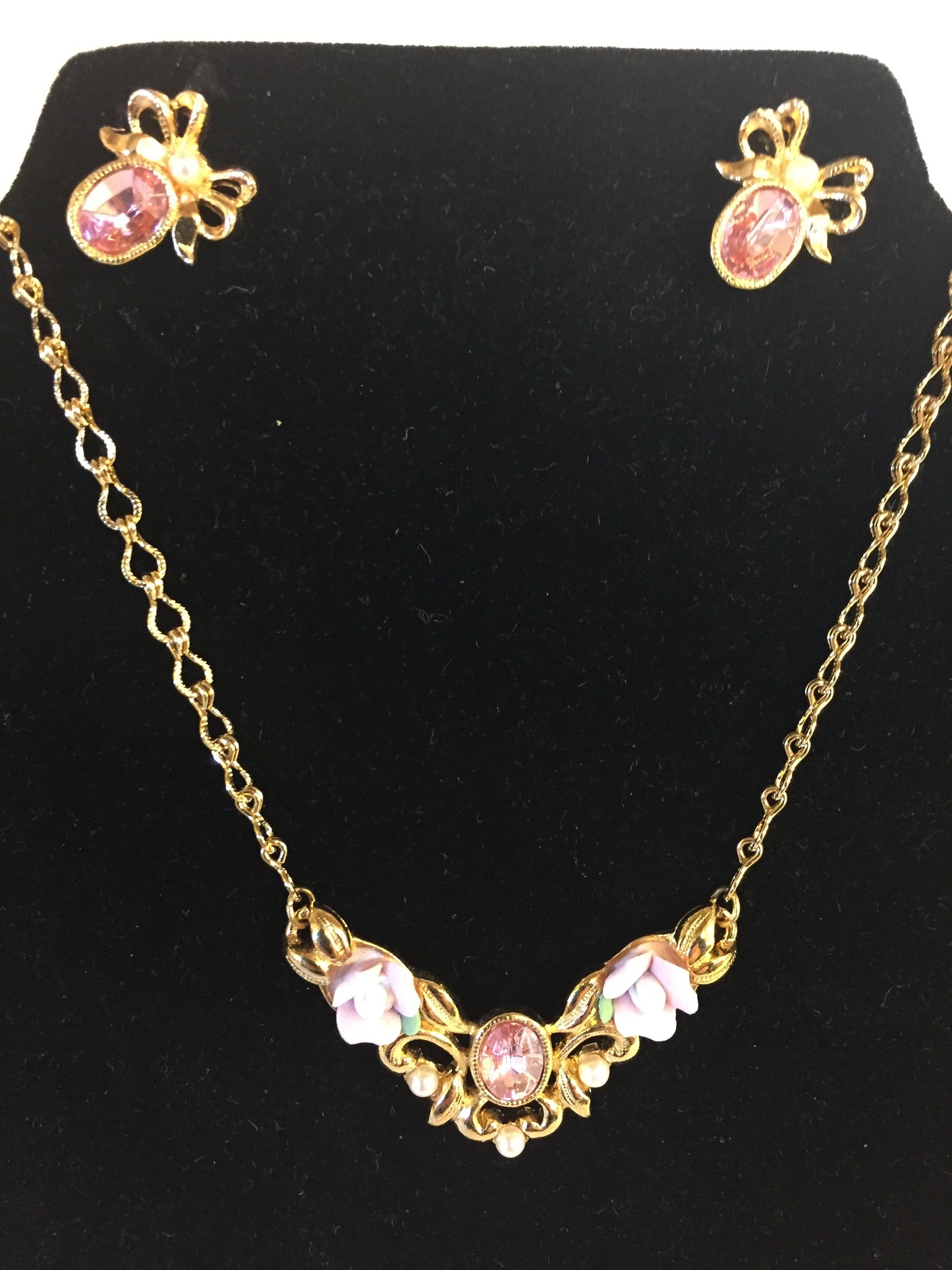 Vintage Designer 1928 Goldtone Ceramic Floral Pink Rhinestone Necklace & Earring Set