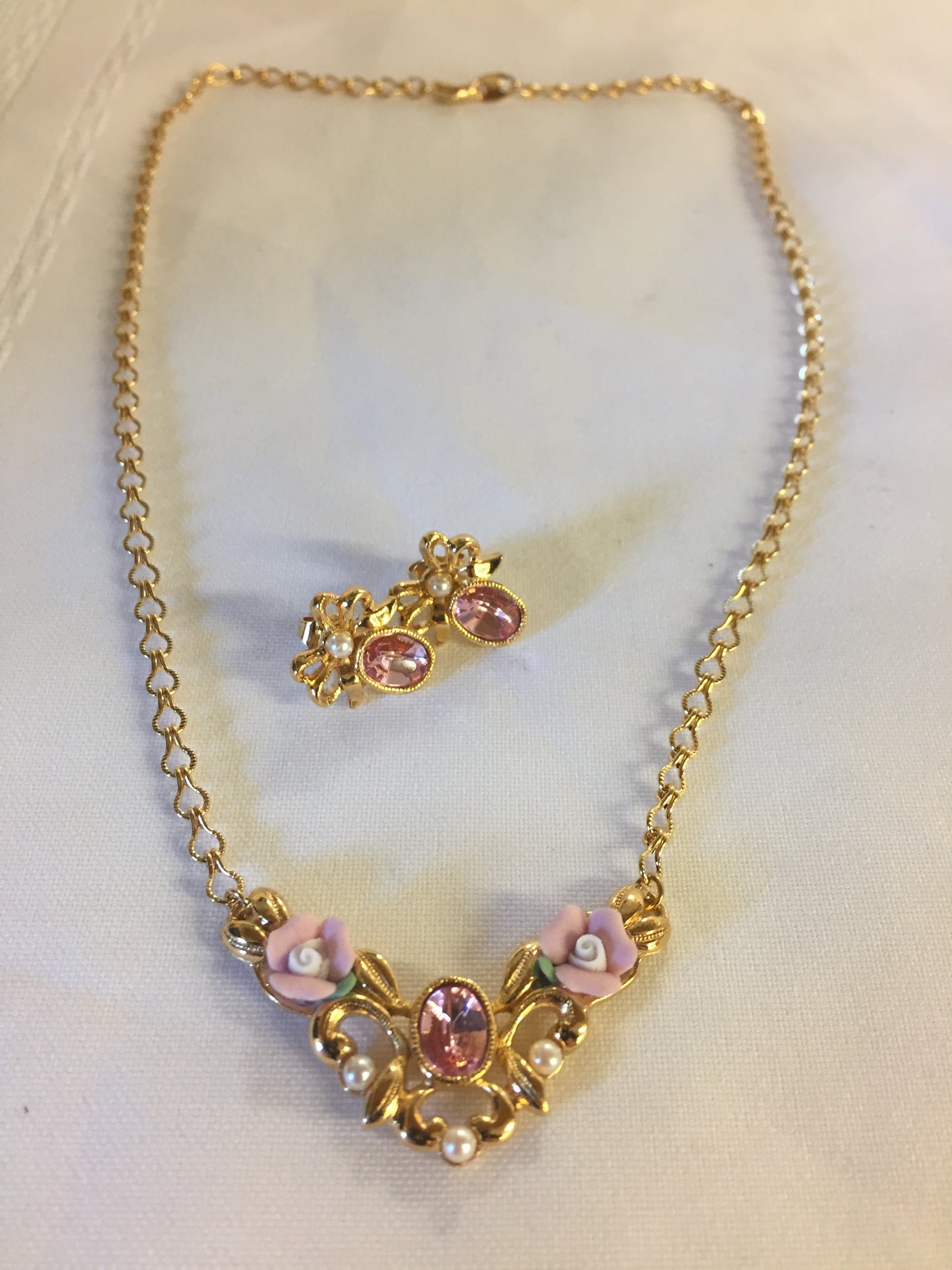 Vintage Designer 1928 Goldtone Ceramic Floral Pink Rhinestone Necklace & Earring Set