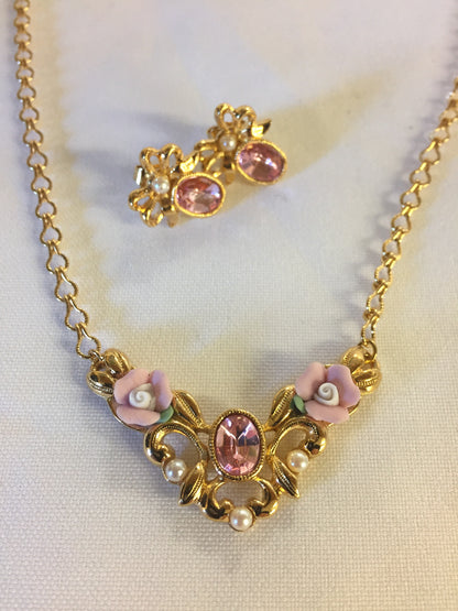 Vintage Designer 1928 Goldtone Ceramic Floral Pink Rhinestone Necklace & Earring Set