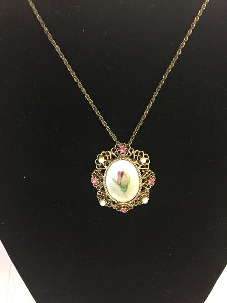 Vintage 1970's Goldtone Pink Rhinestone Satin Finish Screen Print Floral Pendant Necklace