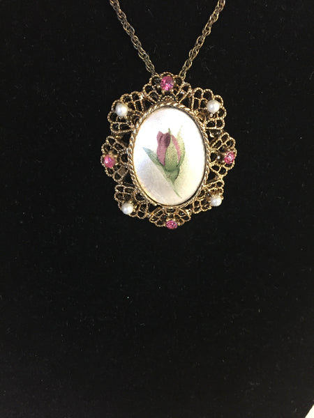 Vintage 1970's Goldtone Pink Rhinestone Satin Finish Screen Print Floral Pendant Necklace