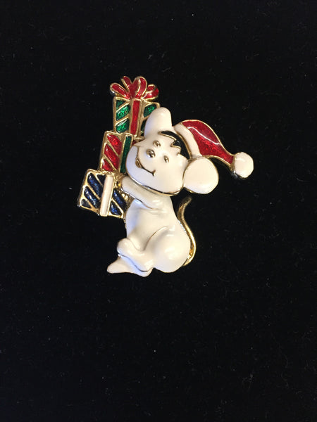 Vintage Goldtone Enamel Tremble Christmas Mouse Brooch Pin Presents Holiday