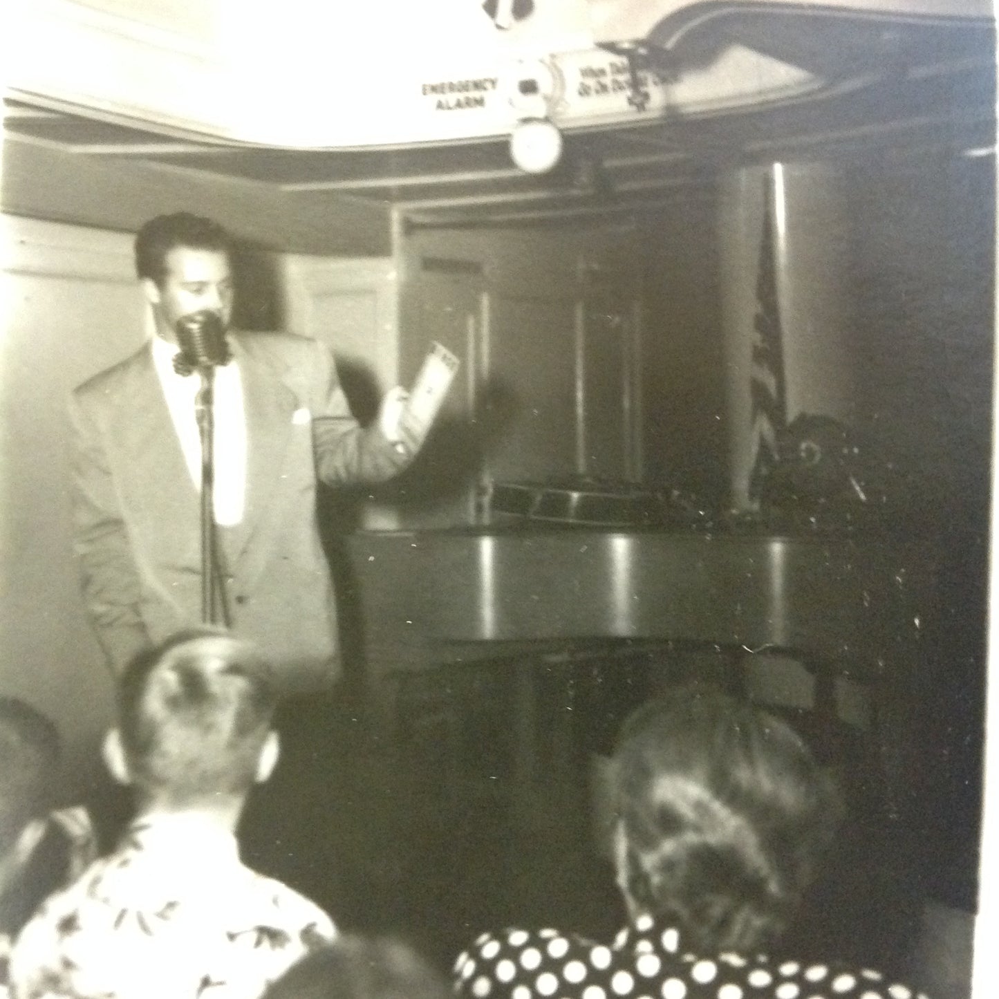 Vintage Mid Century B&W Photo SS South American Cruise Show Emcee at the Mic