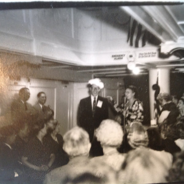 Vintage Mid Century B&W Photo SS South American Cruise Show Funny Hat Presenter