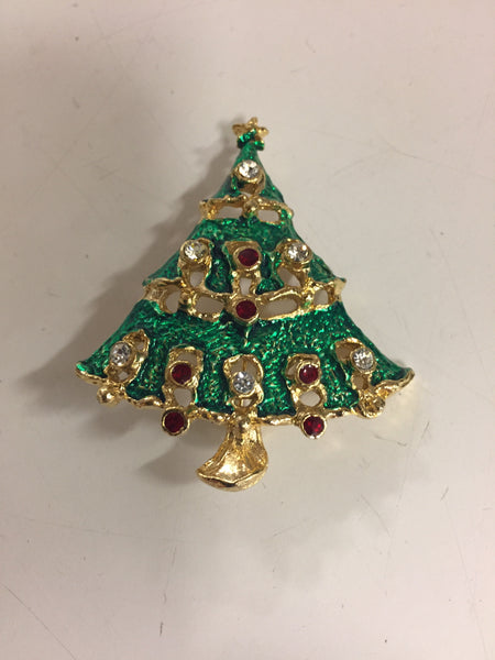 Vintage Goldtone Enameled Christmas Tree Brooch Pin Rhinestone