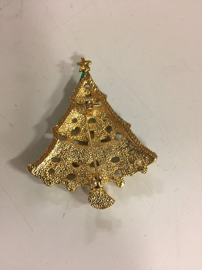 Vintage Goldtone Enameled Christmas Tree Brooch Pin Rhinestone