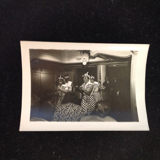 Vintage Mid Century B&W Photo SS South American Cruise Show Checkered Ladies Quartet Entertains