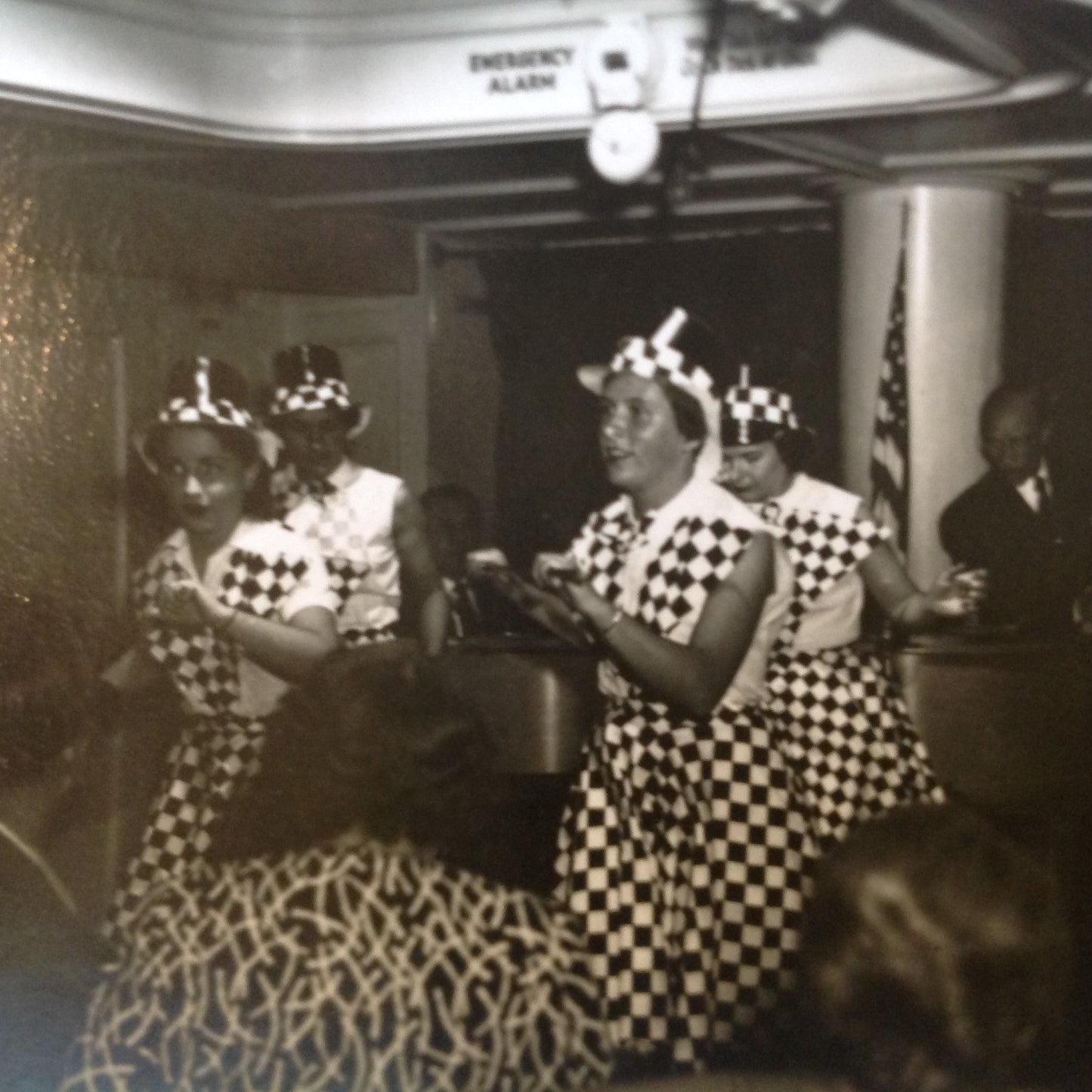 Vintage Mid Century B&W Photo SS South American Cruise Show Checkered Ladies Quartet Entertains