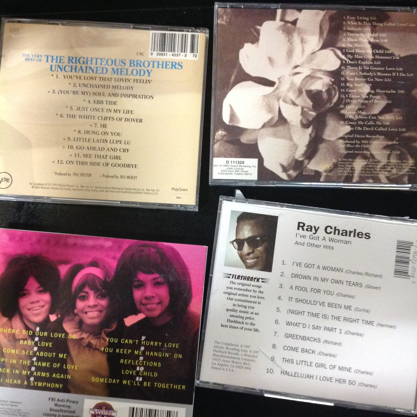 4 Disc SET BARGAIN CDs Diana Ross Supremes Billie Holiday Ray Charles Righteous Brothers Motown Greatest Hits Unchained Melody