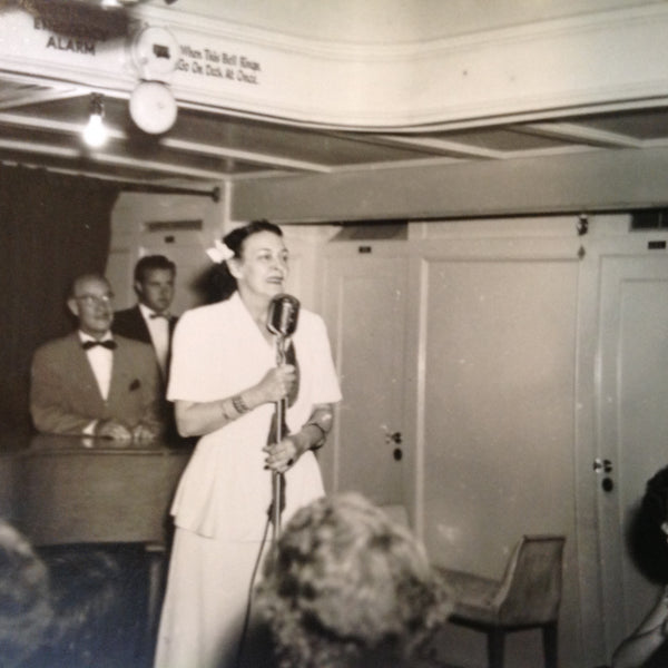 Vintage Mid Century B&W Photo SS South American Cruise Show Lady Emcee at the Mic