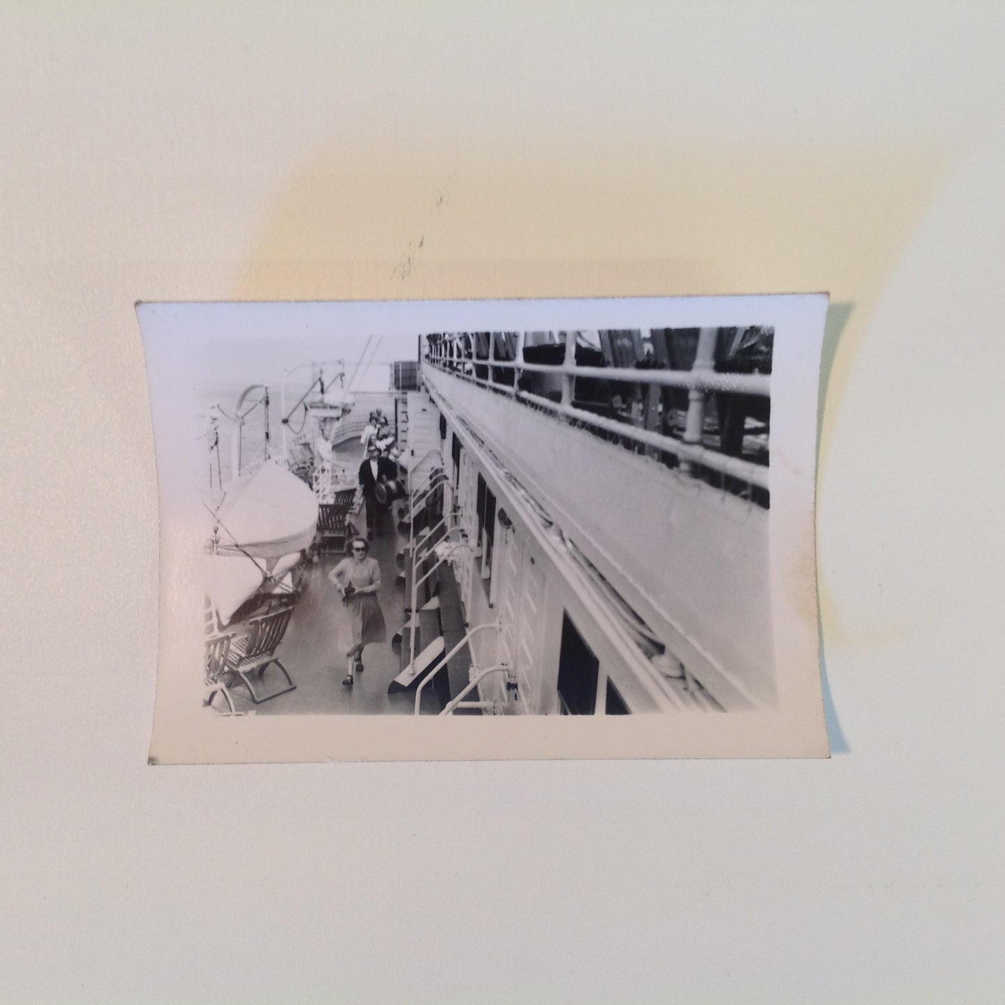 Vintage Mid Century B&W Photo SS South American Cruise Exterior Shot Arriving on Deck in Long Skirt and Camera
