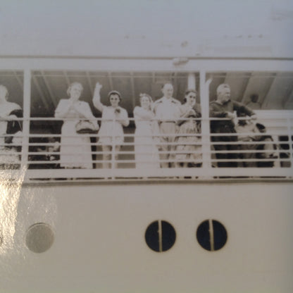 Vintage Mid Century B&W Photo SS South American Cruise Exterior Shot Young Lady Waves Bon Voyage