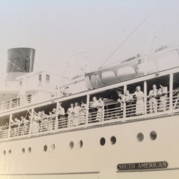 Vintage Mid Century B&W Photo SS South American Cruise Exterior Shot Array of Passengers Wave From the Rails