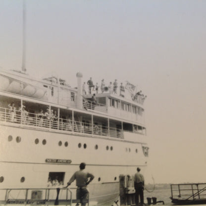 Vintage Mid Century B&W Photo SS South American Cruise Exterior Shot In Port with Passengers and Folks at the Dock