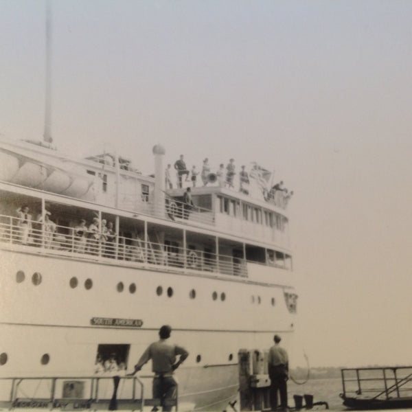 Vintage Mid Century B&W Photo SS South American Cruise Exterior Shot In Port with Passengers and Folks at the Dock