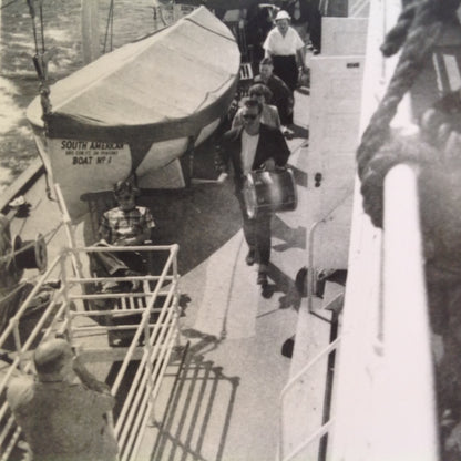 Vintage Mid Century B&W Photo SS South American Cruise Exterior Shot Ship Drummer Leads Passengers on Deck