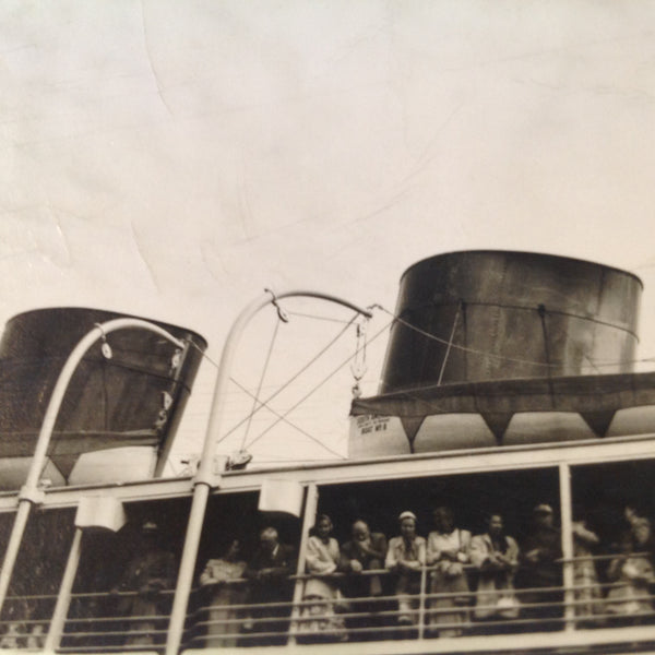 Vintage Mid Century B&W Photo SS South American Cruise Exterior Shot Passengers at the Rail Below the Stacks