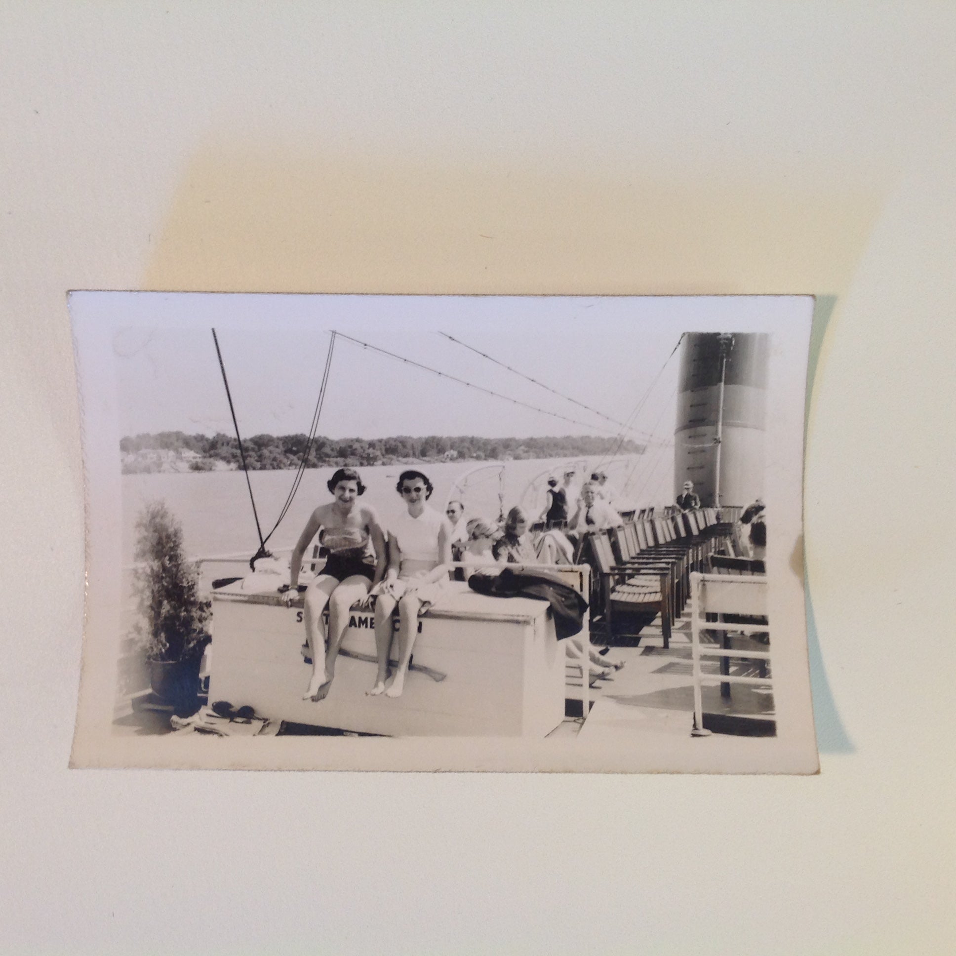 Vintage Mid Century B&W Photo SS South American Cruise Exterior Shot Lady Couple Barefoot on the Upper Deck