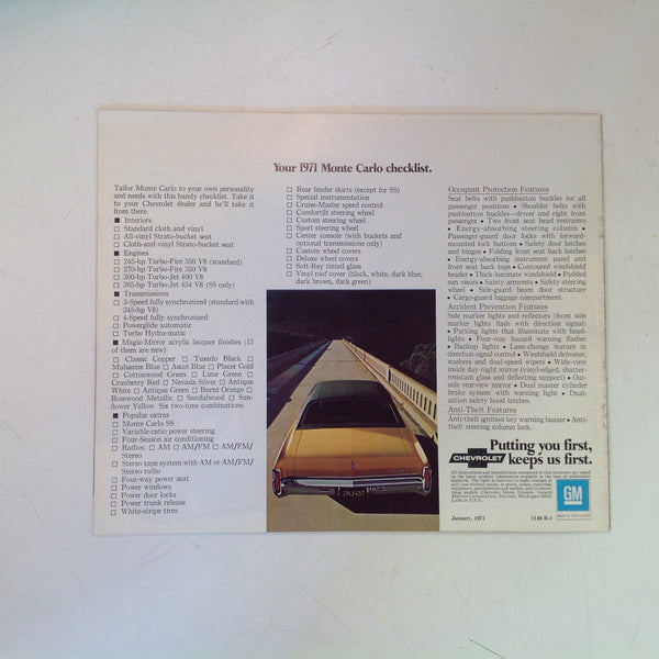 Vintage 1970 Chevrolet 1971 Monte Carlo Informational Sales Brochure Coupe SS