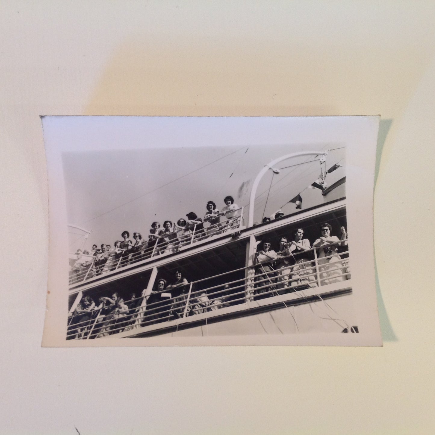 Vintage Mid Century B&W Photo SS South American Cruise Exterior Shot Passengers at Rail with Streamers as Ship Sails