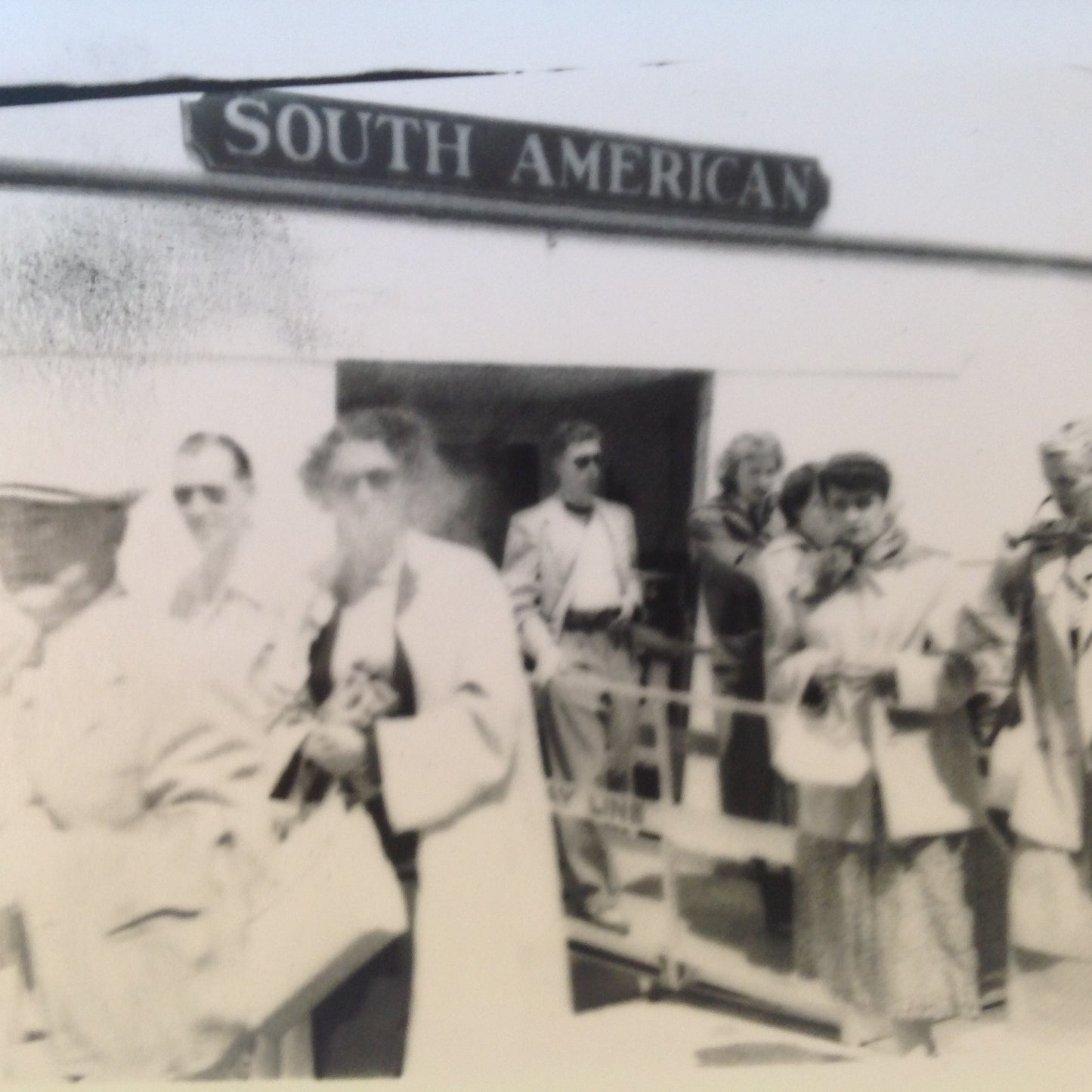 Vintage Mid Century B&W Photo SS South American Cruise Exterior Shot Passengers Disembarking While the Lady Smokes