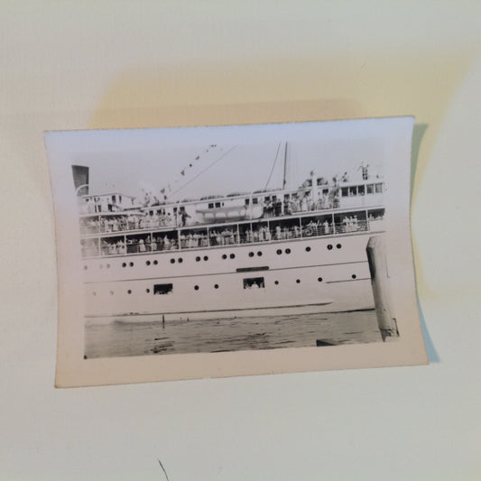 Vintage Mid Century B&W Photo SS South American Cruise Exterior Shot from Port Passengers Along the Rails