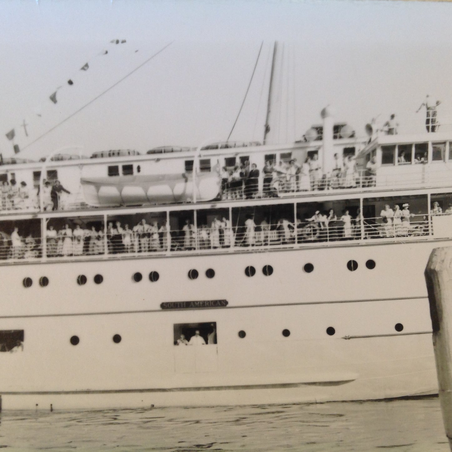 Vintage Mid Century B&W Photo SS South American Cruise Exterior Shot from Port Passengers Along the Rails